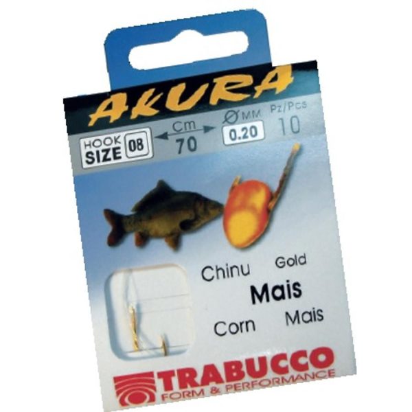 Trabucco Akura Mais 1/0 Haken mit Öhr, Widerhaken und Monofil-Vorfach 10 Stk