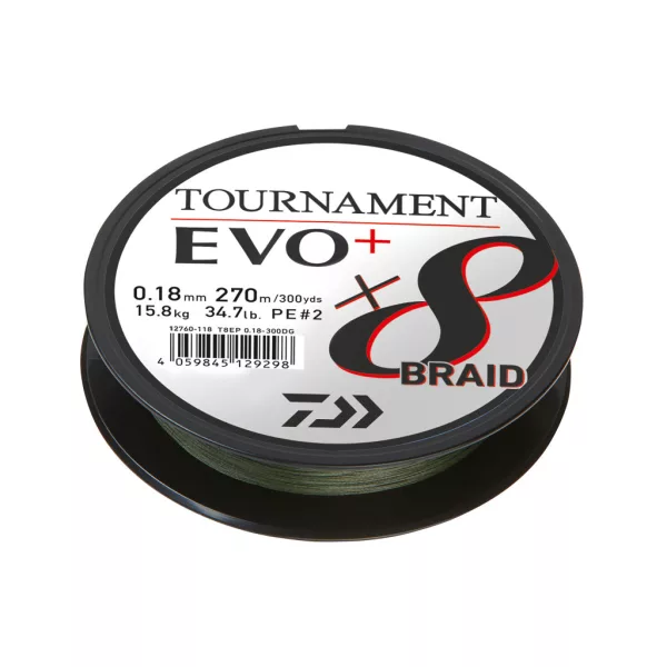 Daiwa Tournament X8 Braid Evo+ Dunkelgrün 0,10mm 2700m Geflochtene Hauptschnur