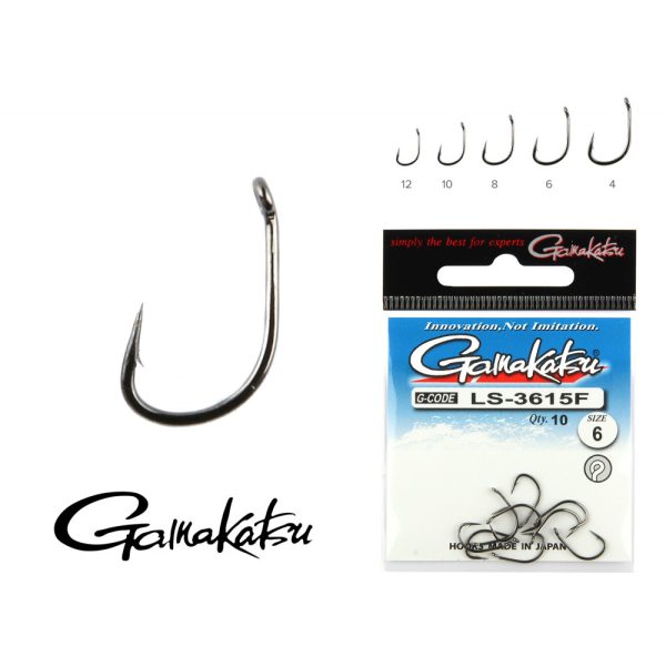Gamakatsu LS-3614F/012 N/L Schwarz 12 12 Stk./Packung Feederhaken mit Öhr und Widerhaken