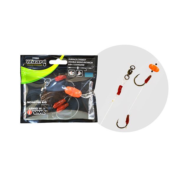 Wizard Monster Surface Livebait Double Mono Rig 7/0+9/0 Round 80cm Doppelhaken Monofil Vorfach