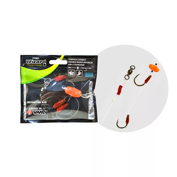 Wizard Monster Surface Livebait Double Mono Rig 7/0+9/0 Classic 80cm Doppelhaken Monofil Vorfach