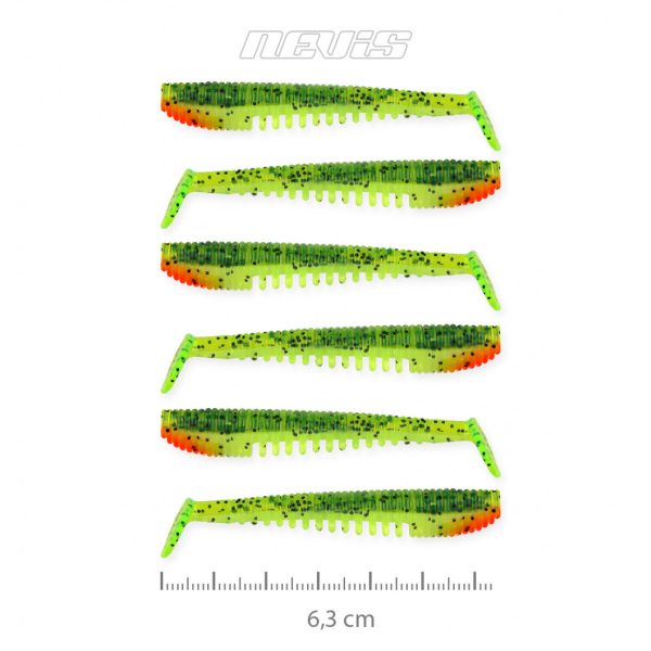 Nevis Impulse Shad 6,3cm 1,77gr 6Stk/Pckg Grün-Orange Glitzer Plastikköder