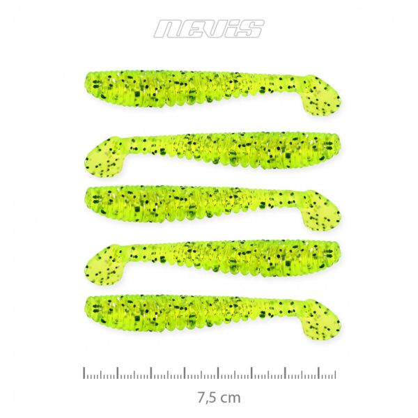 Nevis Impulse Shad 7,5cm 3,05gr 5Stk/Pckg Fluorgrün Glitzer Plastikköder
