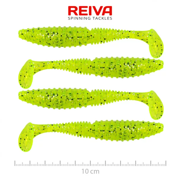 Reiva Zander Power Shad 10cm 7,05gr 4 Stk./Pack (Fluo Grün Glitzer II.)