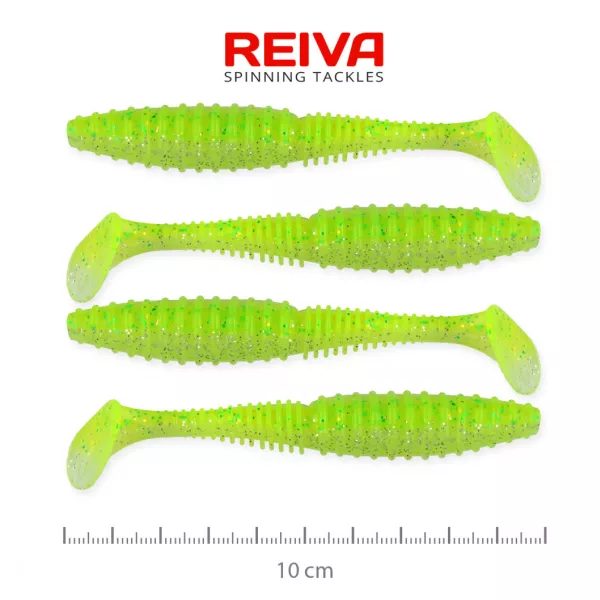 Reiva Zander Power Shad 10cm 7,05gr 4 Stk./Pack (Fluo Grün Glitzer I.) Gummiköder