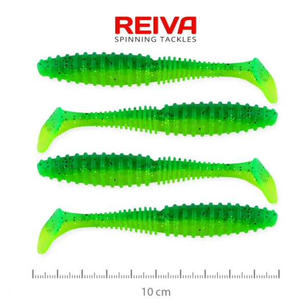 Reiva Zander Power Shad 10cm 7,05gr 4 Stk./Pack (Grün Glitzer) Gummiköder