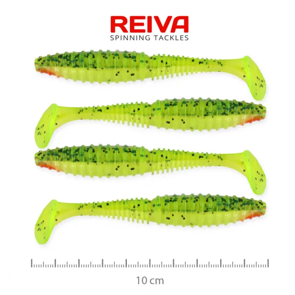 Reiva Zander Power Shad 10cm 7,05gr 4 Stk./Pack (Grün-Orange Glitzer) Gummiköder