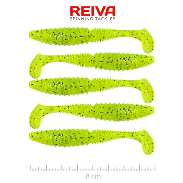 Reiva Zander Power Shad 8cm 3,18gr 5 Stk/Pck (Fluo Grün Glitzer II.) Plastikköder