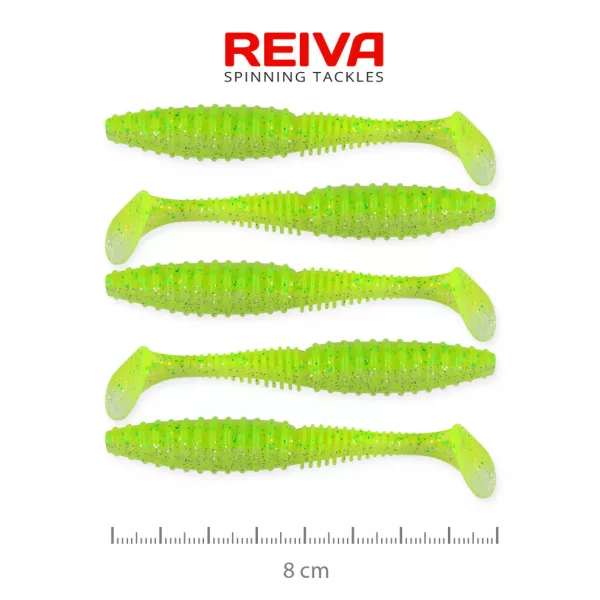 Reiva Zander Power Shad 8cm 3,18gr 5 Stk/Pck (Fluo Grün Glitzer I.) Plastikköder