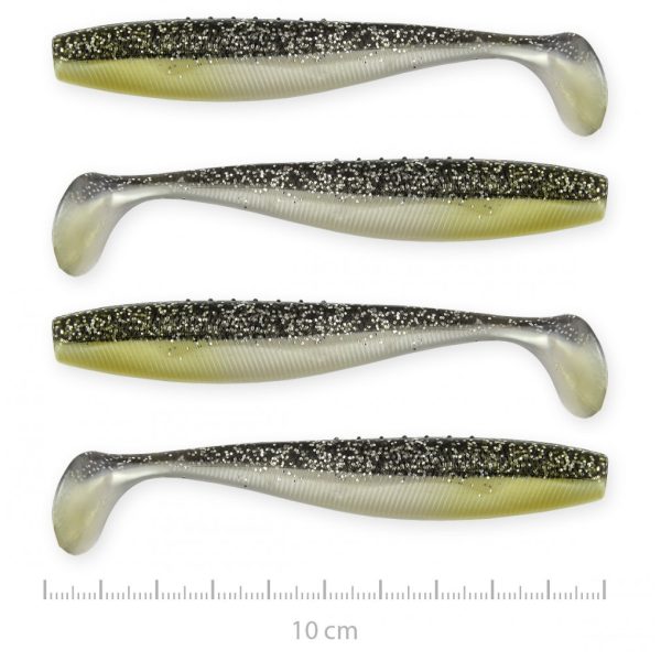 Reiva Flat Minnow Shad 10cm 4 Stk./Pkg. (Schwarz-Silber Glitzer) Gummifisch