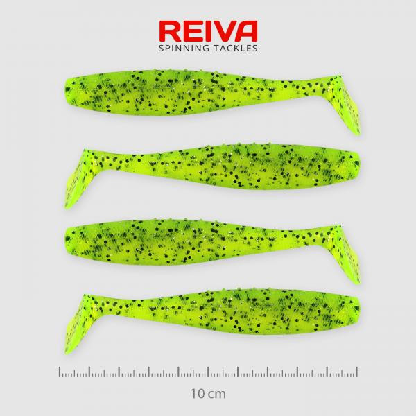 Reiva Flat Minnow Shad 10cm 4Stk/Pack (Grüner Glitzer) Gummifisch
