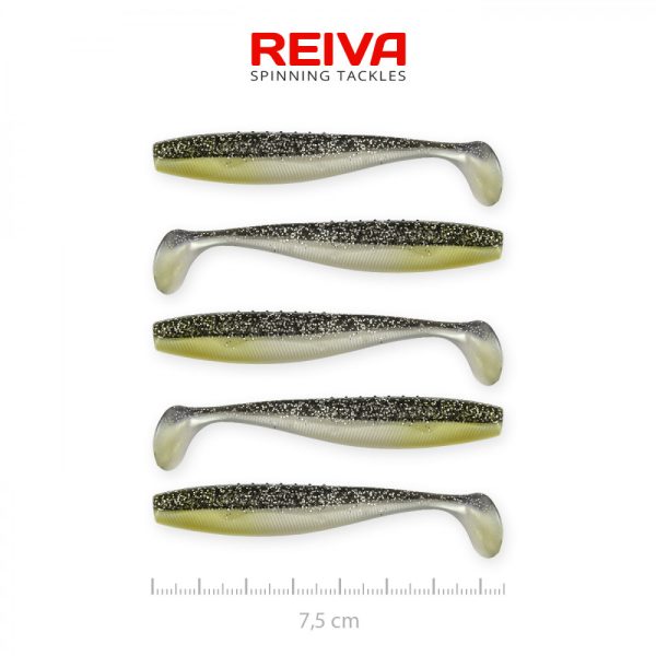 Reiva Flat Minnow shad 7,5cm 5 Stück/Packung (Schwarz-Silberner Glitter) Plastikköder