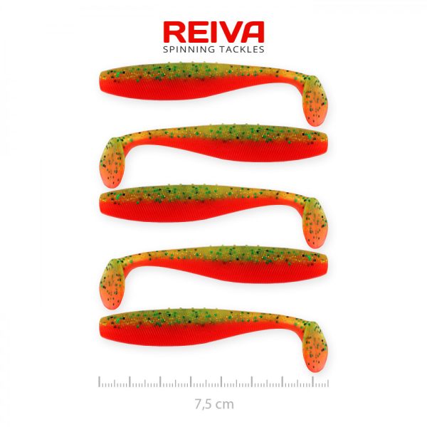 Reiva Flat Minnow shad 7,5cm 5 Stück/Packung (Grün-Oranger Glitter) Plastikköder