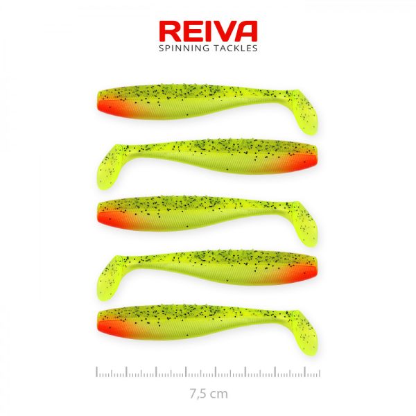 Reiva Flat Minnow shad 7,5cm 5 Stück/Packung (Grün-Roter Glitter) Plastikköder
