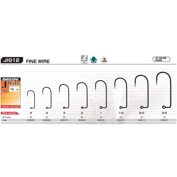 Decoy Pro Pack Jig12 Fine Wire #4 Geöhrter Einzel-Jighaken mit Widerhaken 50 Stk.