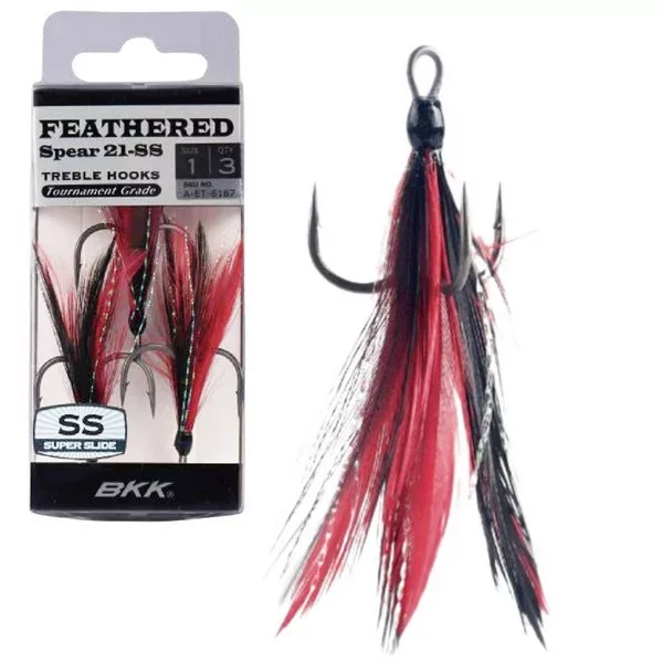 BKK Feathered Spear-21 SS 2 Öhr-, Widerhaken Rot-Schwarz Drillingshaken 3 Stk.