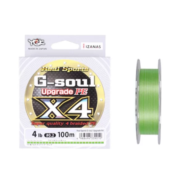 YGK G-soul X4 Upgrade PE - PE0,2(~0,074mm) 150m 4-fach geflochten, fluogrüne Farbe Geflochtene Schnur