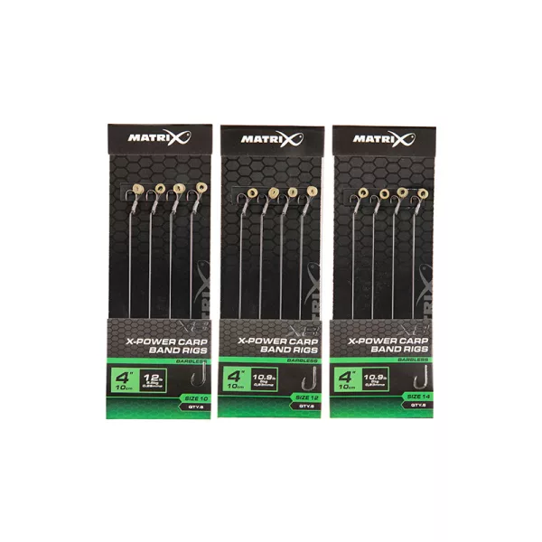 Matrix X8 X-Power Carp Band Rigs 12 10cm Füles, Szakáll Nélküli Monofil Előkötött Horog Csaligyűrűvel 8db