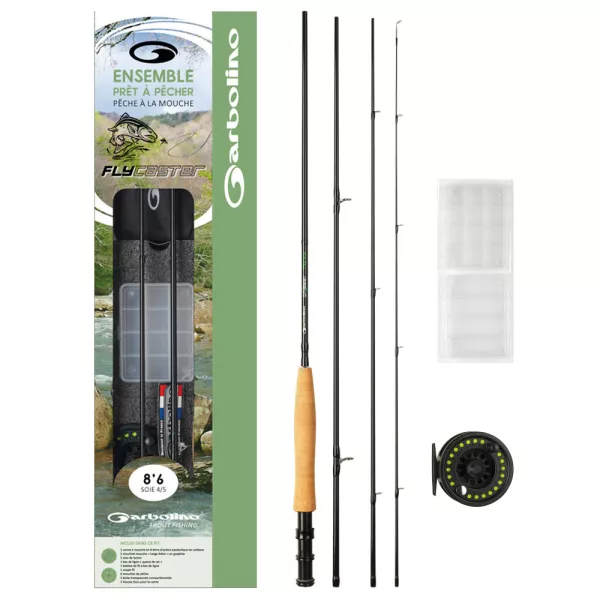 FLY COMBO 86 - #4/5 - ROD + REEL + FLY LINE + BOX + 6 FLIES + CONICAL RIG + LINE CUTTER + NYLON SPOOL Fliegenrute