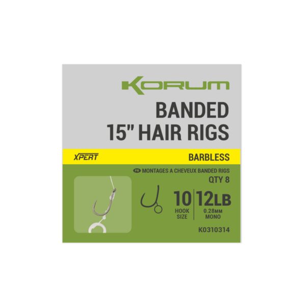 Korum Banded Hair Rigs 10 Barbless Widerhakenlos, Geöst Monofil Vorfachhaken 8 Stk.