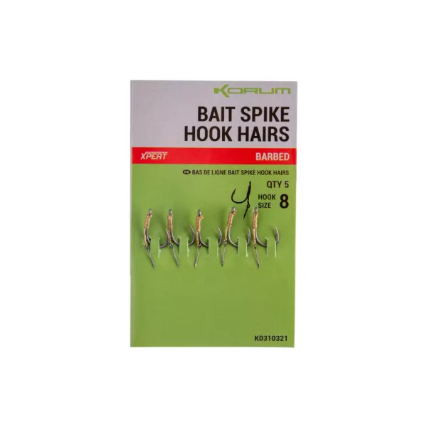 Korum Bait Spike Hook Hairs Barbed 8 Gebundener Haken mit Öse, Widerhaken und Köderspike 5 Stück