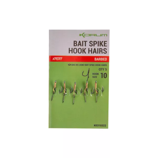 Korum Bait Spike Hook Hairs Barbed 10 Gebundener Haken mit Öse, Widerhaken und Köderspike 5 Stück