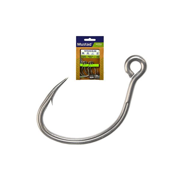 Mustad Ruthless In-Line Titan Steel 1 geöhrter Haken mit Widerhaken 6 Stk.