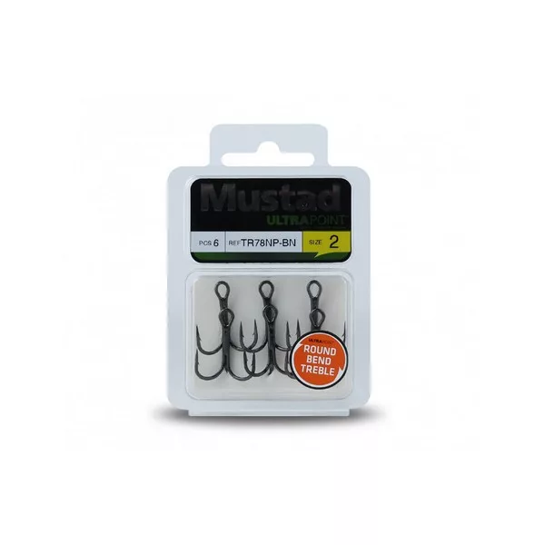 Mustad NP Round Bend Treble Hook 2/0 Drillingshaken ohne Widerhaken 5 Stk.