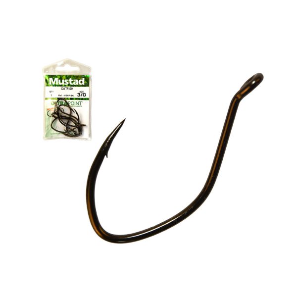 Mustad Ultra NP Single Catfish Black Nickel 5/0 Geöhrter Haken mit Widerhaken 5 Stk.